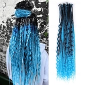 cheap Crochet Hair-24 Inch 3 In 1 Dreadlock Extensions Sets 30 Strands Mixed Ombre Blue Synthetic SE Dreads Extensions 100% Handmade Soft Single Ended Curly Boho Wavy Dreads for Girls