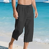 baratos Feriado-Homens Calças Capri Shorts de linho Shorts de verão Shorts de praia Bolsos Cintura elástica Com Cordão Tecido Conforto Respirável Comprimento da panturrilha Férias Feriado Praia Havaiana Boho Preto