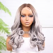 economico Parrucche lace sintetiche-Parrucca in pizzo sintetico Ricci profondi Stile 16 pollice Grigio Riga centrale 13x4 Fronte in Pizzo Parrucca Per donna Parrucca Grigio argento