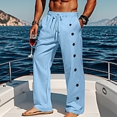 baratos Feriado-Homens Calças de linho Calças Calça verão Calças largas Calças de praia Com Cordão Botão Lateral Perna reta Tecido Conforto Respirável Comprimento total Casual Diário Feriado Férias Moda Preto Branco