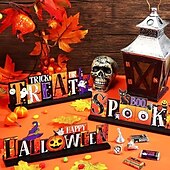 olcso Halloween függő és asztali díszek-3 db halloweeni asztaldekoráció fa asztaldísz táblák - boldog halloweeni csokit vagy csalunk rusztikus fa partidekorációk