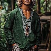 economico Vacanza-Per uomo Camicia Camicia di lino Camicia popover Camicia Estiva Abbigliamento da spiaggia Camicie retrò Etnico Vacanza Ferie Vino Marrone Verde Manica Lunga Scollo a V Estate Primavera Abbigliamento