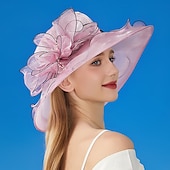 billige Partyhatter-Hatter organza Solhatt Formell Bryllup Aftenselskap Te Fest Hesteløp Elegant Årgang Med Blomster Hodeplagg Hodeplagg