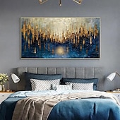 abordables Pinturas abstractas-Gran pintura al óleo original dorada sobre lienzo, arte de pared abstracto minimalista con textura azul, pintura personalizada, decoración de pared bohemia, decoración de pared de sala de estar