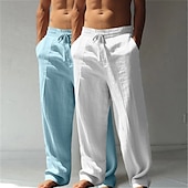 baratos Clássico-Homens Calças de linho Calças Calça verão Calças largas Calças de praia Com Cordão Cintura elástica Perna reta Tecido Conforto Respirável Comprimento total Casual Diário Feriado Férias Estilo Clássico