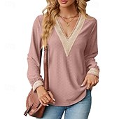 preiswerte Damen Einfache Oberteile-Damen Bluse Farbblock Modern Lässig Langarm V Ausschnitt Normale Oberteile Täglich Ferien Patchwork Gras-Grün Erröten Sie Rosa Schwarz Rosa Wein Sommer