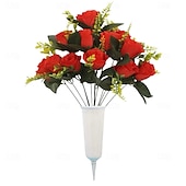 cheap Artificial Plants &amp; Flowers-Grave and Memorial Artificial Flowers, 12 Heads Peacock Rose Half Bouquet with Vase, Faux Silk Floral Arrangement for Cemetery Decoration and Outdoor Use