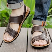 economico Infradito da Vacanza-sandali da uomo in similpelle marrone con cinturini, chiusura a strappo regolabile, plantare morbido e ammortizzato, perfetti per l&#039;uso quotidiano casual e per le passeggiate