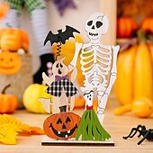baratos Decorações de Halloween Penduradas e de Mesa-2 peças de decoração de mesa de esqueleto de madeira para Halloween, caveira elástica com abóbora e morcego, enfeite de mesa assustador para decoração de festa de Halloween