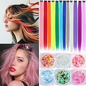 economico Clip nelle estensioni-Extension per capelli colorati, 22 pollici, clip lisce, extension per capelli corpo viso capelli glitter multicolore arcobaleno rosa rosso extension per capelli per bambine ragazze donne
