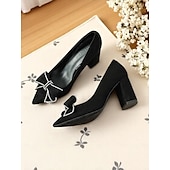 זול Block Heels-נעלי עקב שחורות זמש לנשים, נעלי ערב מחודדות עם פפיון אבני חן, אלגנטיות ונוחות לדייטים קז&#039;ואל ולתלבושות יומיומיות