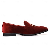 お買い得  ローファー-刺繍入りの紋章が入ったメンズ バーガンディ ベルベット ローファー - 結婚式、宴会、お祝いの席にぴったりのスリッポン パーティー ドレスシューズ