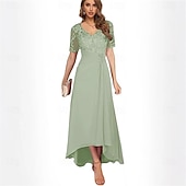 preiswerte Bodenlänge-A-Linie Mutter der Braut Kleid Elegantes Einfaches V-Hals asymmetrisches Chiffon Kurzarm mit einfarbig