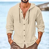 economico Vacanza-Per uomo Camicia Camicia di lino Abbigliamento da spiaggia Camicia con Bottoni Camicia con cappuccio Semplice Vacanza Casuale Nero Bianco Verde Cachi Manica Lunga Con Cappuccio Primavera &amp; Estate