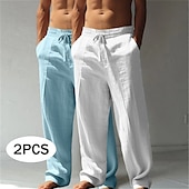 baratos Clássico-Homens Calças de linho Calças Calça verão Calças largas Calças de praia Com Cordão Cintura elástica Perna reta Tecido Conforto Respirável Comprimento total Casual Diário Feriado Férias Estilo Clássico