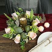 olcso Művirág-műrózsa gyertyagyűrű koszorú, virágos gyertyatartó dekoráció esküvőre, asztaldíszre, fesztiválra vagy európai stílusú lakberendezésre