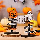 お買い得  ハロウィンの吊るし飾りとテーブルトップ装飾-ハロウィーンの木製卓上装飾2個、木とゴーストが付いたカボチャの文字サイン、ハロウィーンパーティーのディスプレイ用の不気味なスタンディングデコレーション