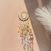 cheap Wall Sculptures-Crystal Sun Catcher Golden Flame Moon Hanging Ornament, AB Color Window Hanging Decor for Indoor Outdoor Garden Courtyard Bedroom, Suncatcher for Window Light Prism Decoration