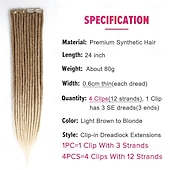 economico Capelli all&#039;uncinetto-Extension per capelli dreadlock con clip, 4 pezzi, extension sintetiche da 24 pollici, da castano chiaro a biondo, lunghe, naturali, morbide, sottili, 0,6 cm di larghezza, dreadlocks per donne