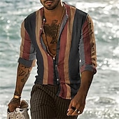 economico camicie casual da uomo-Per uomo Camicia Camicia Estiva Camicia casual Camicia da Spiaggia Camicia con Bottoni Verde chiaro Rosa Rosso Viola Verde Manica Lunga A righe Bavero Vacanza Camicia hawaiana Abbigliamento Poliestere