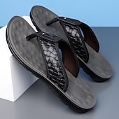 billige Ferietøfler-herrebrune flip-flops i kunstskinn med vevd mønsterrem, myk EVA-såle, komfortabel for feriested og hverdagslige sommerantrekk