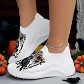 levne Pro ženy-Dámské gotické boty s potiskem havraní kostry – bílé flyknit halloweenské nazouvací boty pro fanoušky hororů, cosplaye a podzimních kostýmních párty od Sarah Richter