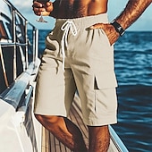 cheap Holiday-Men&#039;s Shorts Linen Shorts Summer Shorts Beach Shorts Elastic Waist Drawstring Multiple Pockets Plain Comfort Breathable Short Vacation Holiday Beach Hawaiian Boho Black White