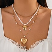 baratos Colares-Colares com Pendentes Pérola Mulheres Elegante Simples Multi Camadas Coração Com Laço Casamento Gotas Formato de coração Colar Para Casamento Festa Aniversário