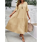 cheap Plain Dress-Women&#039;s Maxi Dress A Line Dress Vacation Casual Beach Daily Holiday Date Plain Half Sleeve V Neck Navy Black Ivory Yellow Summer