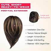 abordables Queue-de-cheval-Extension queue de cheval 10 pièces, postiche queue de cheval courte à clipser, chignon décoiffé, postiche synthétique naturel, doux et raide pour femme - brun foncé avec mèches