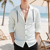 cheap Cotton Linen Shirt-Men&#039;s Shirt Linen Shirt Casual Shirt Button Up Shirt Cotton Shirt Stripe Vacation Hawaiian Black White Navy Blue Khaki Long Sleeve Hooded Spring Fall Clothing Apparel Drawstring