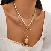 baratos Colares-Colares com Pendentes Pérola Mulheres Elegante Simples Multi Camadas Coração Com Laço Casamento Gotas Formato de coração Colar Para Casamento Festa Aniversário