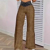 abordables jambe large et taille haute-Femmes Culottes Jambe Large Chinos Vacances ancien Style Ethnique Longueur complète Taille haute Couleur Unie Trou Confortable Respirant Doux Micro-Élastique Extérieur Vacances Occasionnel Bleu