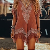 tanie Sukienki boho-Damskie Sukienka mini Sukienka Boho Strój zachodni Klasyczny Nowoczesny Na zewnątrz Urlop Codzienny Regularny Kwiat Krótki rękaw W serek Czerwonobrązowy Lato
