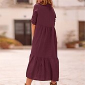 economico disegnare abiti in cotone e lino-Per donna Abito Midi Vestito Casual Abito in cotone e lino Abito Estivo Moda Moderno All&#039;aperto Data Weekend Vestibilità regolare Semplice Senza Maniche Colletto a Camicia Giallo Vino Verde militare