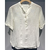 economico Casa-Per uomo Camicia Camicia di lino Camicia popover Camicia casual Camicia di cotone Semplice Vacanza Streetwear Giallo Chiaro Bianco Manica Corta Colletto alla coreana Estate Abbigliamento