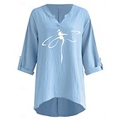 cheap Shirts-Women&#039;s Cotton Linen Shirts Dragonfly Basic Casual Long Sleeve V Neck Regular Tops Daily Print Black Navy Blue Sky Blue Summer Fall