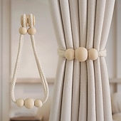 abordables Accessoires pour rideaux-Attaches de rideaux en bois boho avec perles en bois supports de rideaux en corde tissée faits à la main en beige