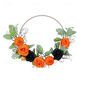 billige Halloween-kranser og blomsterdekorasjoner-Halloween-krans til inngangsdør innendørs utendørs dekorasjon, metallbøyle gresskarrose blomsterkrans, kunstig halloween veggteppe til hjemmevindusutstilling