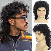 economico Parrucche storiche-Parrucche mullet ricce per uomini anni &#039;80 lunga riccia nera parrucche hippy rocking anni &#039;80 costume cosplay anime resistente al calore parrucca sintetica parrucca anni &#039;70 Parrucche di Halloween