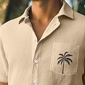 preiswerte Urlaub-Herren Hemd Leinenhemd Sommerhemd Strandbekleidung Einfach Urlaub Lässig Blau Orange Grün Khaki Kurzarm Revers Sommer Frühling &amp; Sommer Bekleidung Farbblock