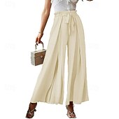 baratos perna larga e cintura alta-Mulheres Perna larga Calças Roupa de rua Casual Comprimento total Natural Tecido Bolsos Com Cordão Design de cordão elástico Exterior Confortável Final de semana Streetwear Magenta Camelo Adamascado