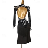 preiswerte Kleidung für lateinamerikanische Tänze-Latin Dance Kleid Strass Damen Performance Salsa Wettkampfkleidung Langarm Rumba Chacha Party Bühnentanzbekleidung