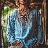 preiswerte Urlaub-Herren Hemd Leinenhemd Wikinger-Stil Popover-Hemd Sommerhemd Strandbekleidung Einfach Urlaub Straße Blau Langarm V Ausschnitt Sommer Frühling Bekleidung