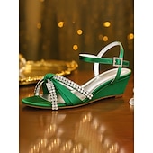 baratos cocktail-sandálias femininas de cetim verde com salto anabela - sapatos sociais com nó de strass e tira no tornozelo para banquetes e coquetéis elegantes