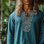 preiswerte Urlaub-Herren Hemd Leinenhemd Popover-Hemd Sommerhemd Strandbekleidung Geometrisch Urlaub Straße Wein Marineblau Blau Langarm V Ausschnitt Sommer Frühling Bekleidung