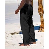 billiga Semester-Herr Linne Byxor Långbyxor Sommarbyxor Strandbyxor Ficka Snörning Elastisk midja Slät Komfort Andningsfunktion Semester Dagligen Helgdag Hawaiisk Boho Svart Vit