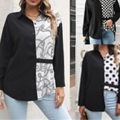 お買い得  女性用ストライプ＆ジオメトリックトップス-女性用 夏のトップス シフォントップス カラーブロック 日常 スタイリッシュ ベーシック 長袖 シャツカラー レギュラートップス ワーク 日常 祝日 パッチワーク プリント ブラックとホワイト ブラック ホワイト 春 秋