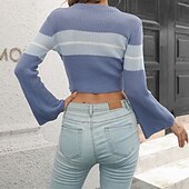 preiswerte Grafische Muster und Details-Damen Pullover Lässig Farbblock Grobstrick Rundhalsausschnitt Gestrickt Langarm Crop Tops Stricken Täglich Ferien Ausgehen Wein Armeegrün Herbst Winter