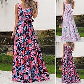 abordables Robes Floraux Imprimés-Femmes Robe Longue Maxi Robe Robe Décontractée Robe évasée Robe d&#039;été Robe Nuisette Élégant Mode Moderne Quotidien Plage Week-end Coupe régulière Fleur Sans manches Col ras du cou Noir Blanche Rose